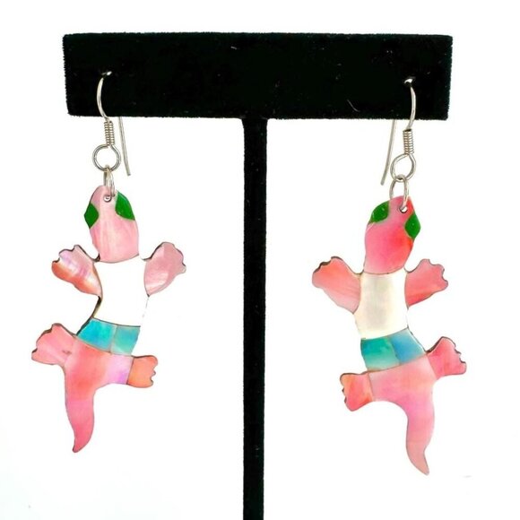 Vintage 1990's Silver Shell Inlay Gecko Lizard Drop Pierced Earrings Tropical - Picture 1 of 7